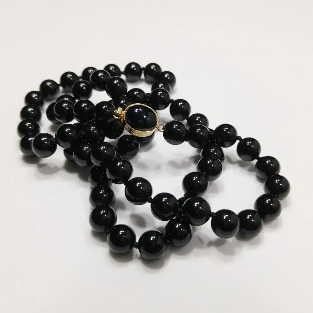 Vintage Onyx Beaded Necklace, Hand Knotted, Gold Tone Clasp, Quartz Tested 1980s